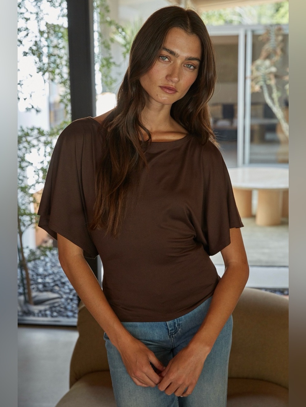 L9976 By Together Chocolate Brown Draped Short Sleeve Top